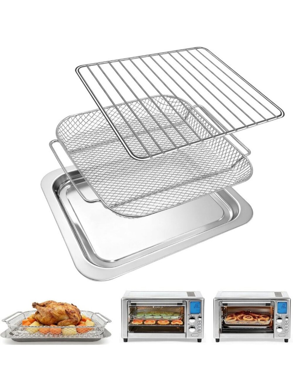 3-Pack Air Fryer Replacement Set - Food-Grade Steel Mesh Basket, Wire Rack